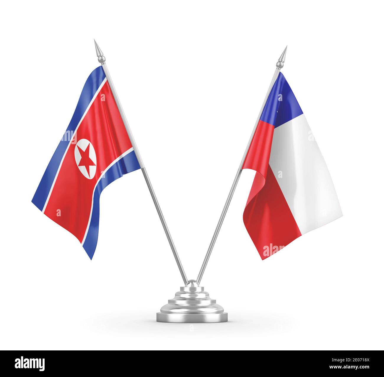 Chile und Nordkorea Tabelle Fahnen isoliert auf weißem Hintergrund 3D-Rendering Stockfoto
