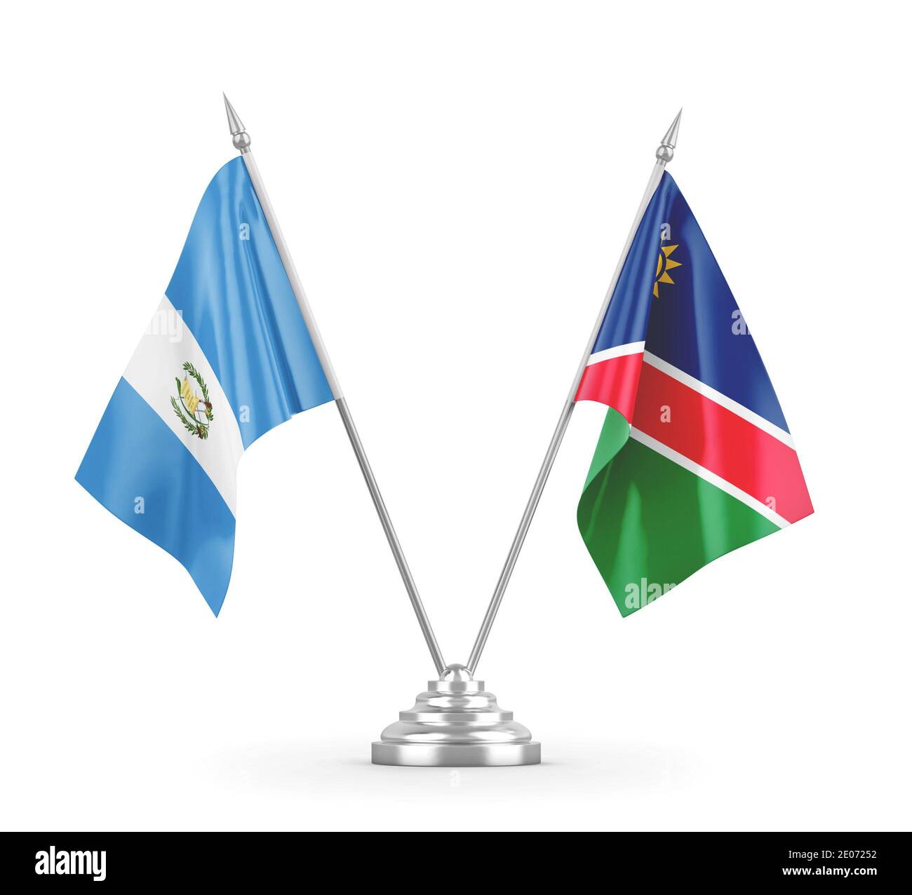 Namibia und Guatemala Tischflaggen isoliert auf weißem Hintergrund 3D Rendering Stockfoto