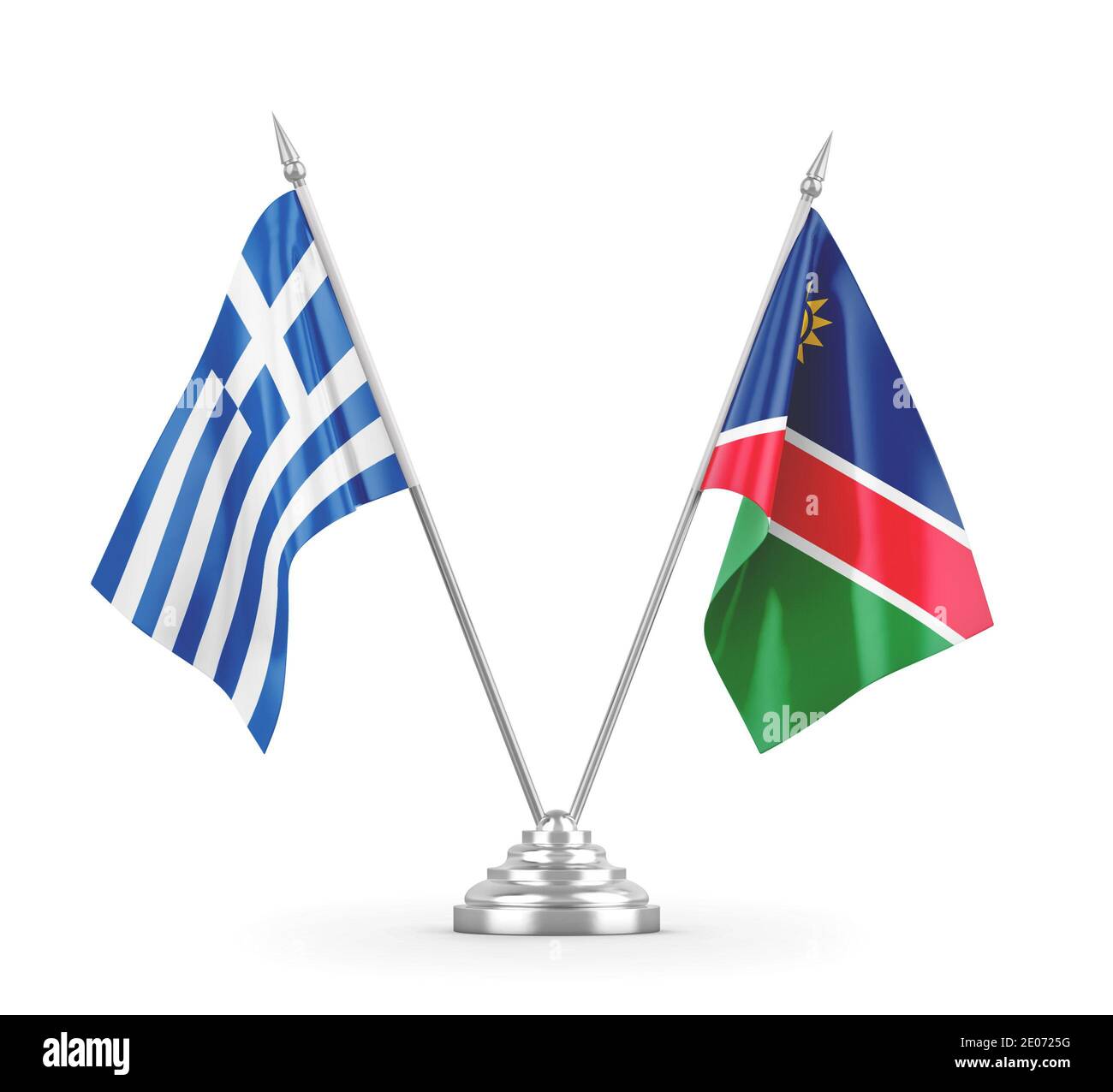 Namibia und Griechenland Tischflaggen isoliert auf weißem Hintergrund 3D Rendering Stockfoto