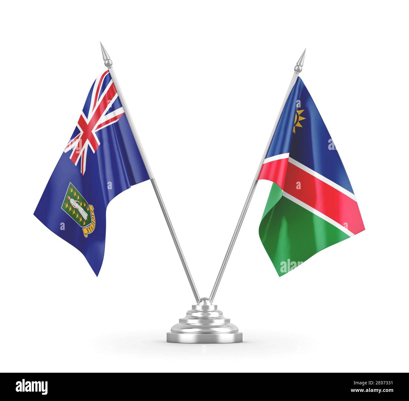 Namibia und Jungferninseln Britische Tischflaggen isoliert auf Weiß 3D-Hintergrundrendering Stockfoto