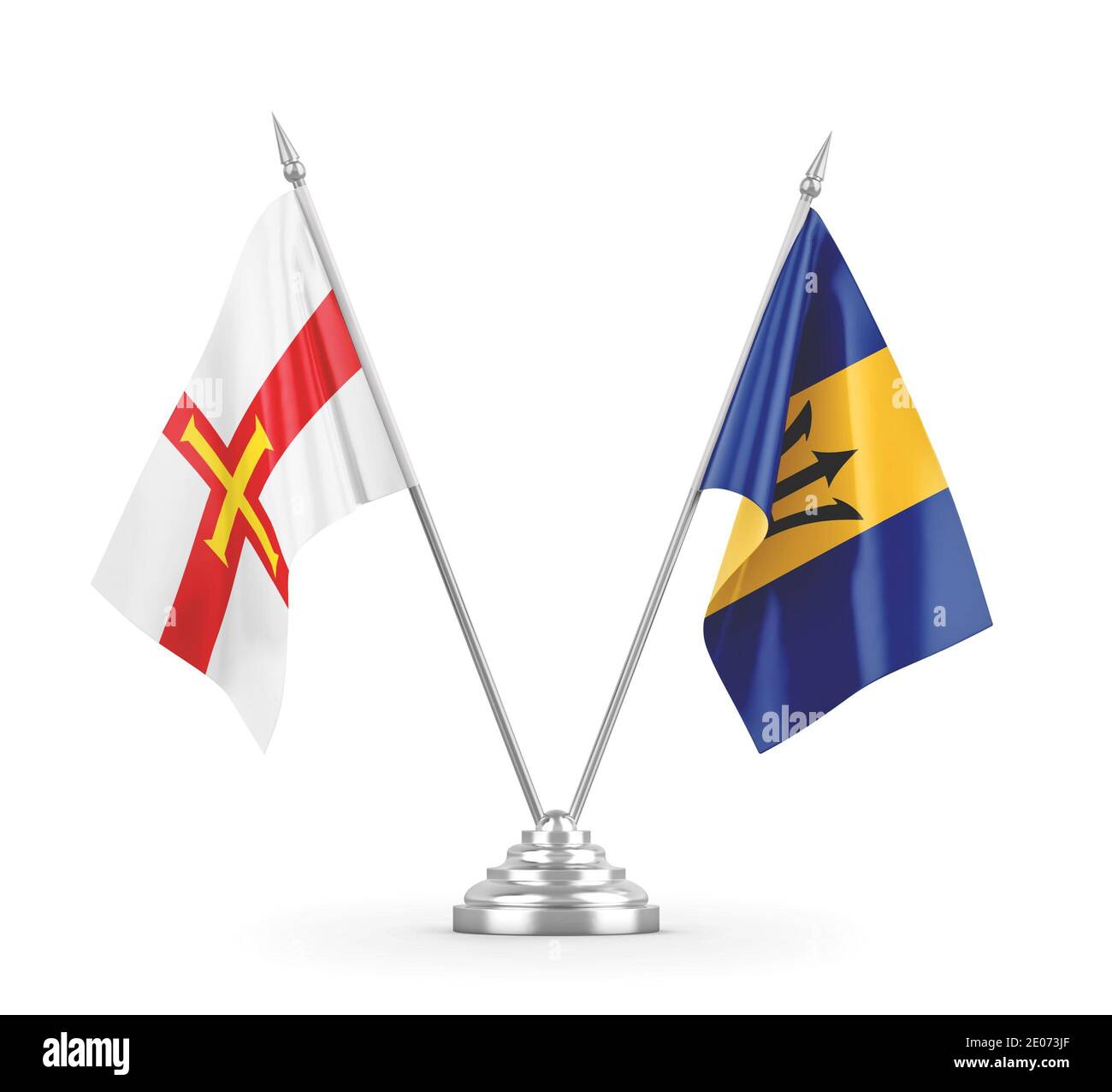 Barbados und Guernsey Tischflaggen isoliert auf weißem Hintergrund 3D Rendering Stockfoto