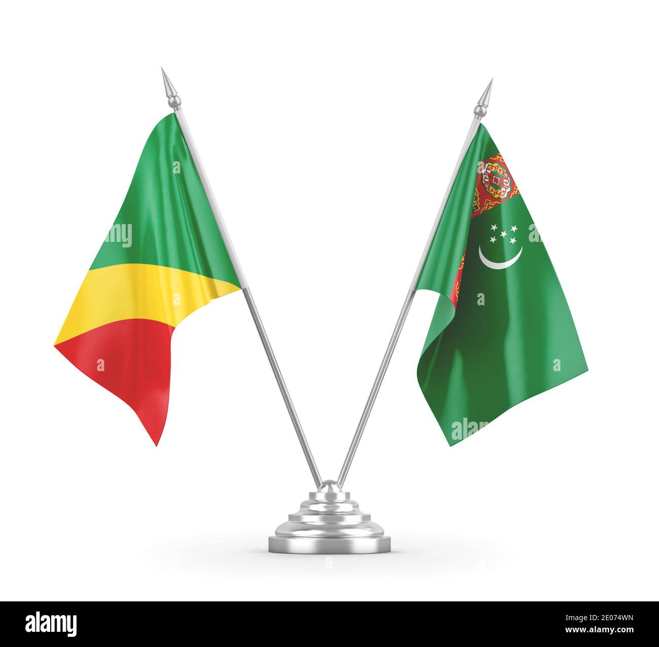 Turkmenistan und Kongo Tischflaggen isoliert auf weißem Hintergrund 3D Rendering Stockfoto