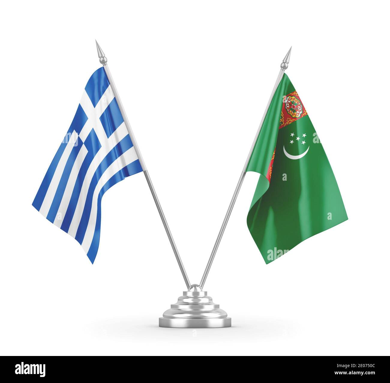 Turkmenistan und Griechenland Tischflaggen isoliert auf weißem Hintergrund 3D Rendering Stockfoto