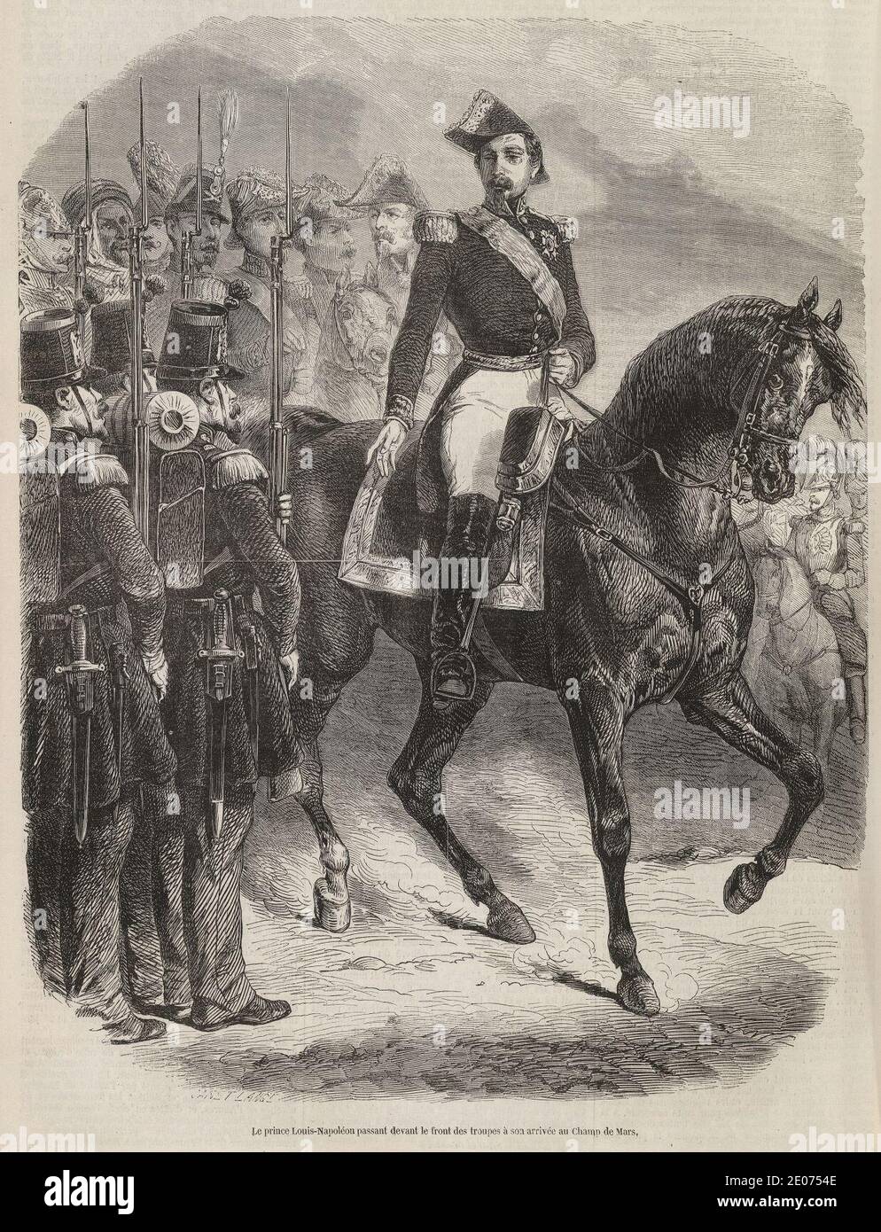 Le Prince Louis-Napoléon passant devant le Front des Truppes à son arrivée au Champ de Mars. Stockfoto
