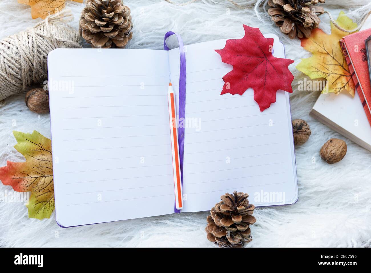 Notizbuch mit sauberen Laken auf weißem Hintergrund mit hellen Herbstblättern und Zapfen. Herbststimmung Konzept. Flach liegend Stockfoto