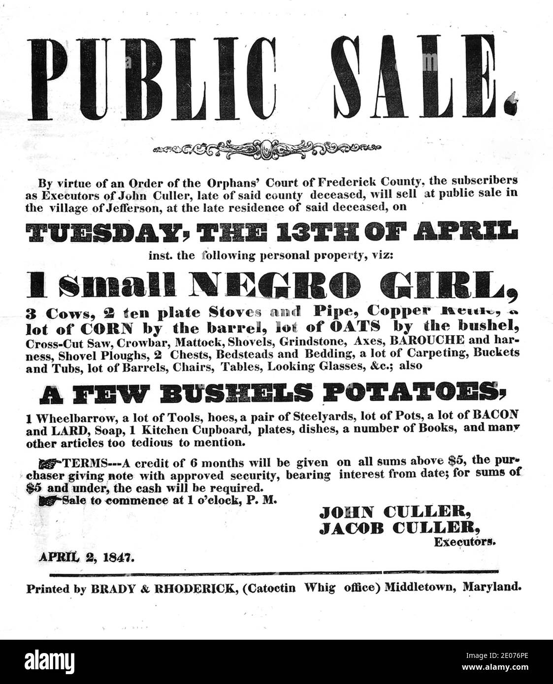 AMERIKANISCHER SKLAVENVERKAUF, MARYLAND, 1847. Stockfoto