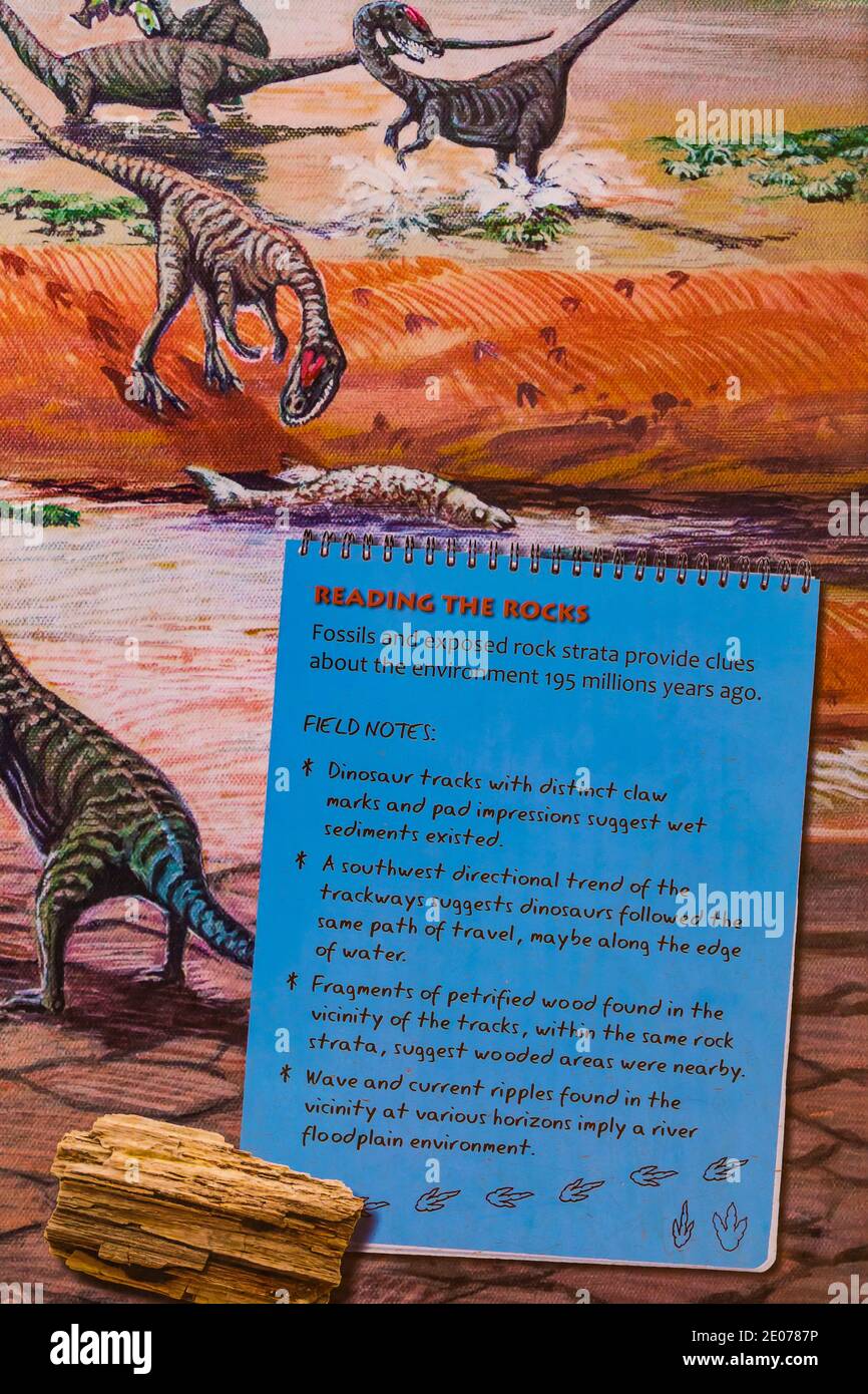 Interpretationsschild für die Warner Valley Dinosaur Track Site von BLM in der Nähe von St. George, Utah, USA [Keine Eigentumsfreigabe; nur für redaktionelle Lizenzen verfügbar Stockfoto