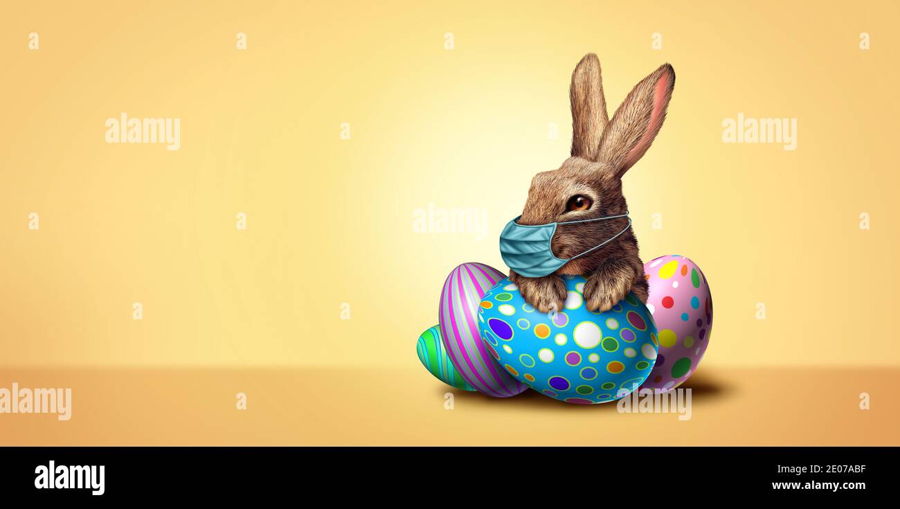 Osterhase Gesichtsmaske und Frühjahrssaison Gesundheit als April saisonalen Zeichen mit einem niedlichen Kaninchen und verzierten Eiern trägt einen chirurgischen Gesichtsschutz. Stockfoto