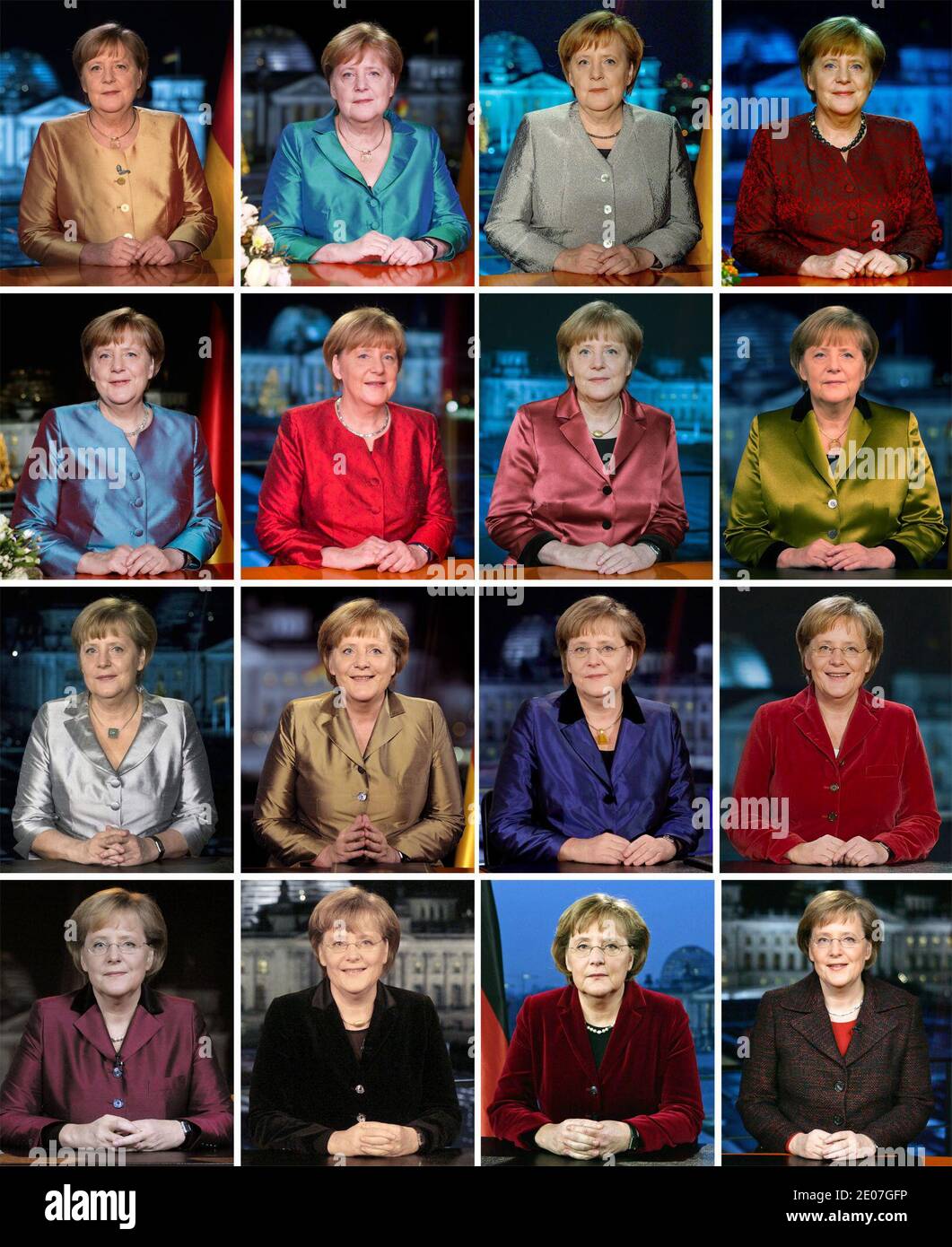 Berlin, Deutschland. Dezember 2020. KOMBO - Bundeskanzlerin Angela Merkel (CDU) fotografiert nach Aufnahme ihrer Neujahrsrede im Kanzleramt. Oben links auf 30.12.2020, weitere obere Reihe l-r in den Jahren 2019 - 2017. 2. Reihe von oben l-r in den Jahren 2016 bis 2013. 2. Reihe von unten l-r in den Jahren 2012 - 2009 sowie unter Reihe l-r 2008 bis 2005. Quelle: dpa/Alamy Live News Stockfoto