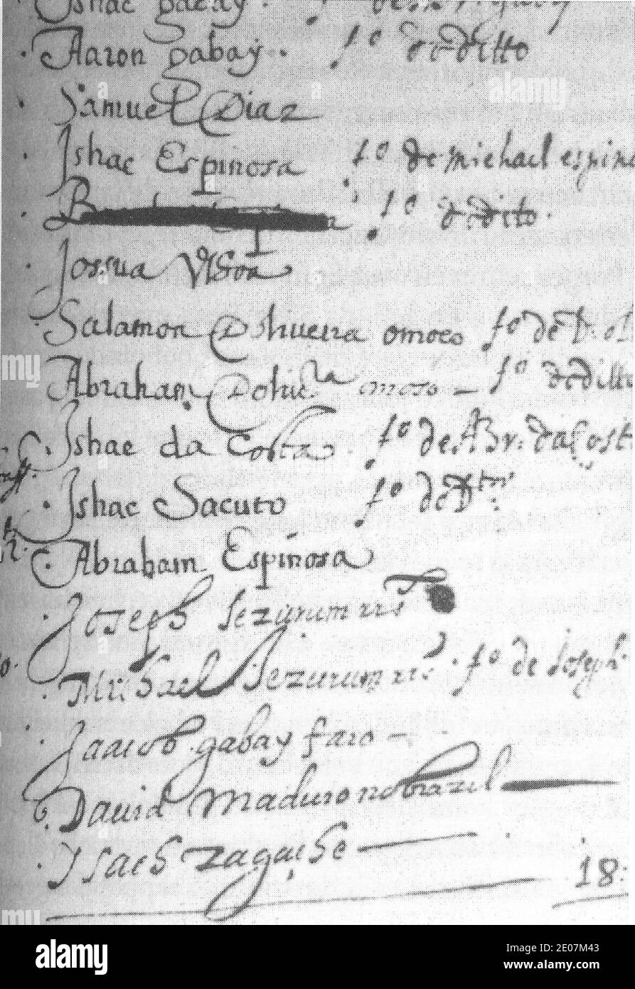 Leerlingenlijst met de naam ''Baruch Espinosa'' doorgesteept, ETS Haim, Amsterdam, voor 1700. Stockfoto