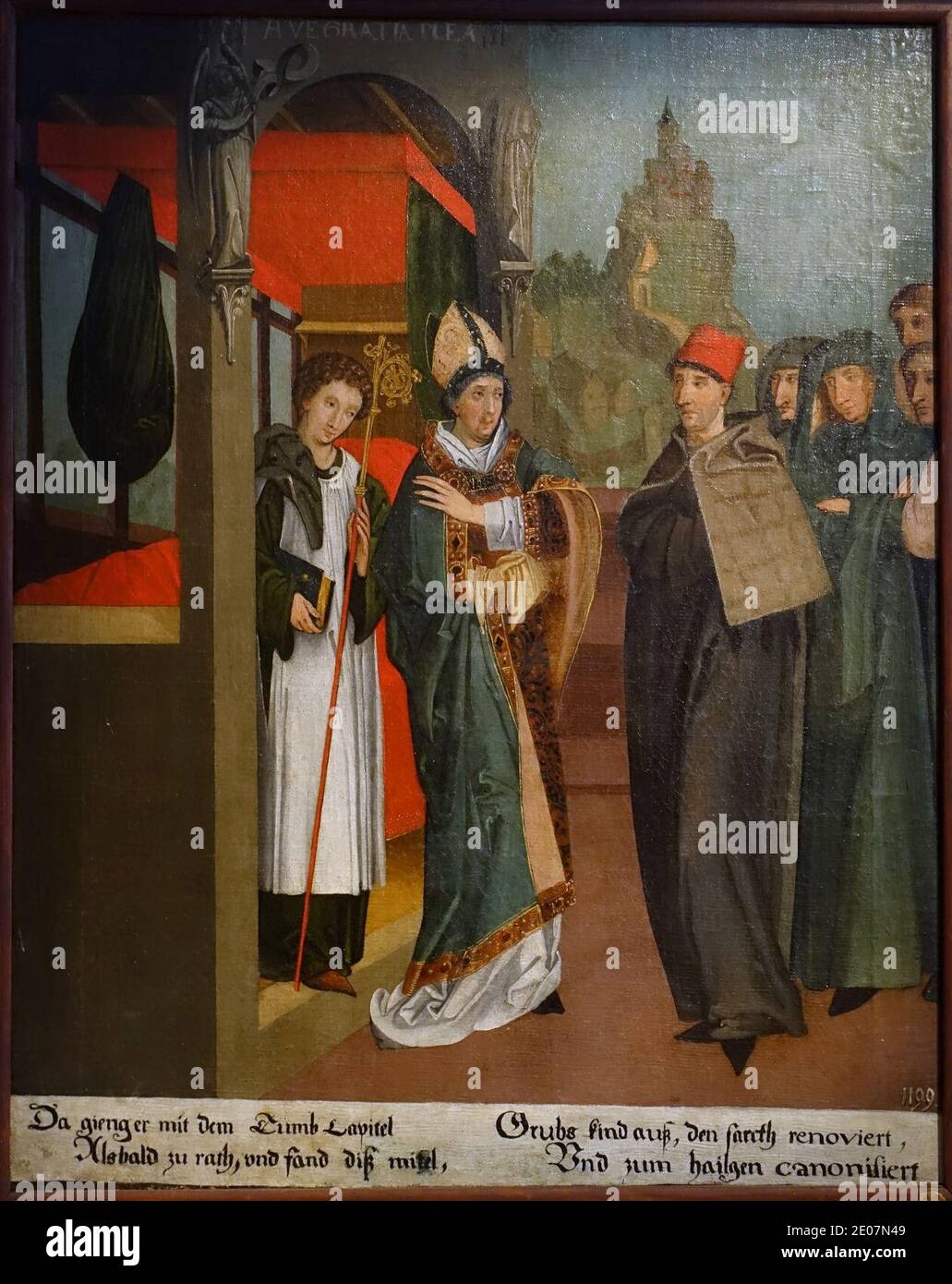 St. Regiswindi-Legende, Nr. 5, Heiligsprechung des Bischofs von Würzburg, Lauffen am Neckar, Kreis Heilbronn, Abschrift c. 1620 des Originals von 1477 Stockfoto