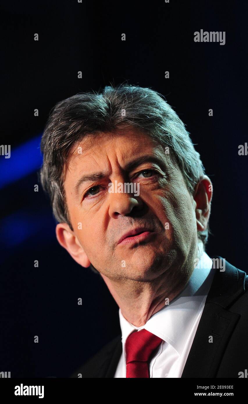 Jean-Luc Melenchon, Kandidat der Partei der Linken Front (Front de Gauche) für die französischen Präsidentschaftswahlen 2012, nimmt am 28. Januar 2012 am 36. Französischen Umweltkongress in Montreuil bei Paris Teil. Foto von Mousse/ABACAPRESS.COM Stockfoto