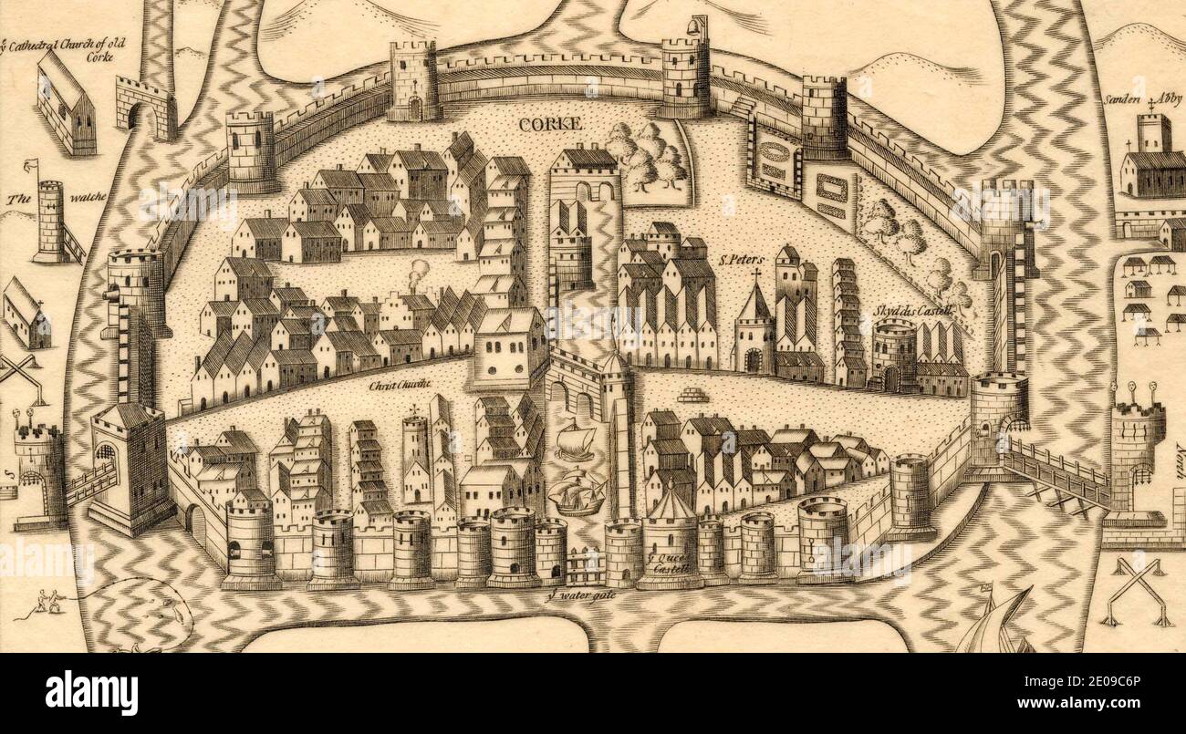 Karte aus dem späten 16. (Frühen 17.) Jahrhundert von Cork, Irland Stockfoto