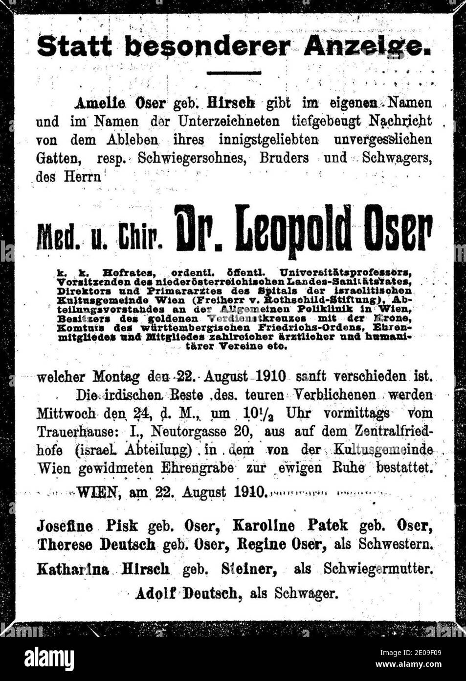 Todesanzeige Leopold Oser, Wien, 1910. Stockfoto