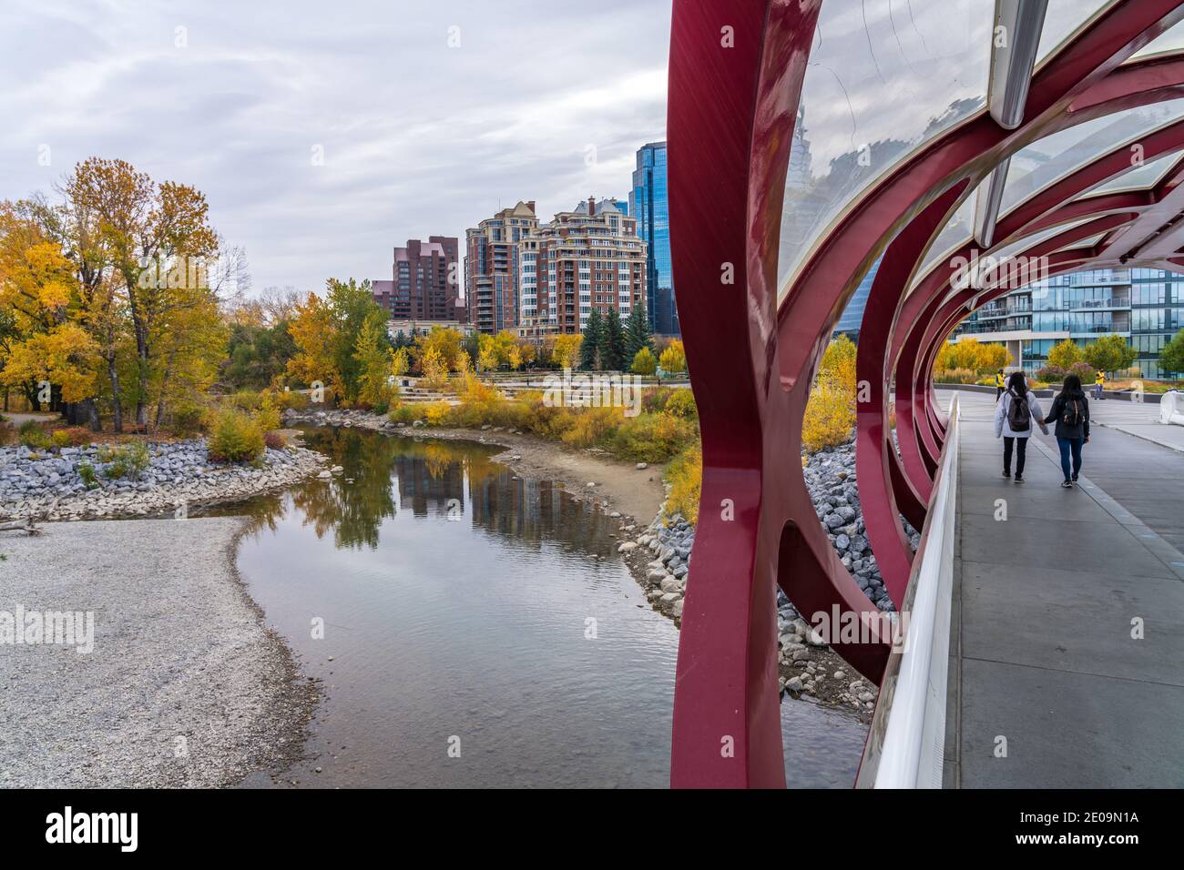 Prince's Island Park Friedensbrücke. Herbstlandschaft im Stadtzentrum von Calgary Bow River, Alberta, Kanada. Stockfoto
