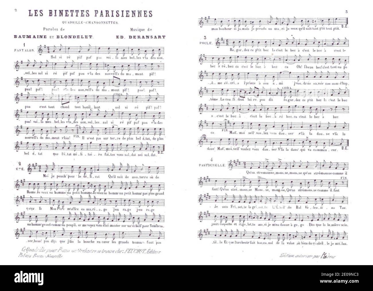 Les binettes parisiennes - Quadrille-chansonettes - Paroles de Baumaine et Blondlet - Musique de Ed. Deransart - Publicité pour le bal Valentino - 2 1. Deransart - Publicité pour le bal Valentino - 2. Stockfoto