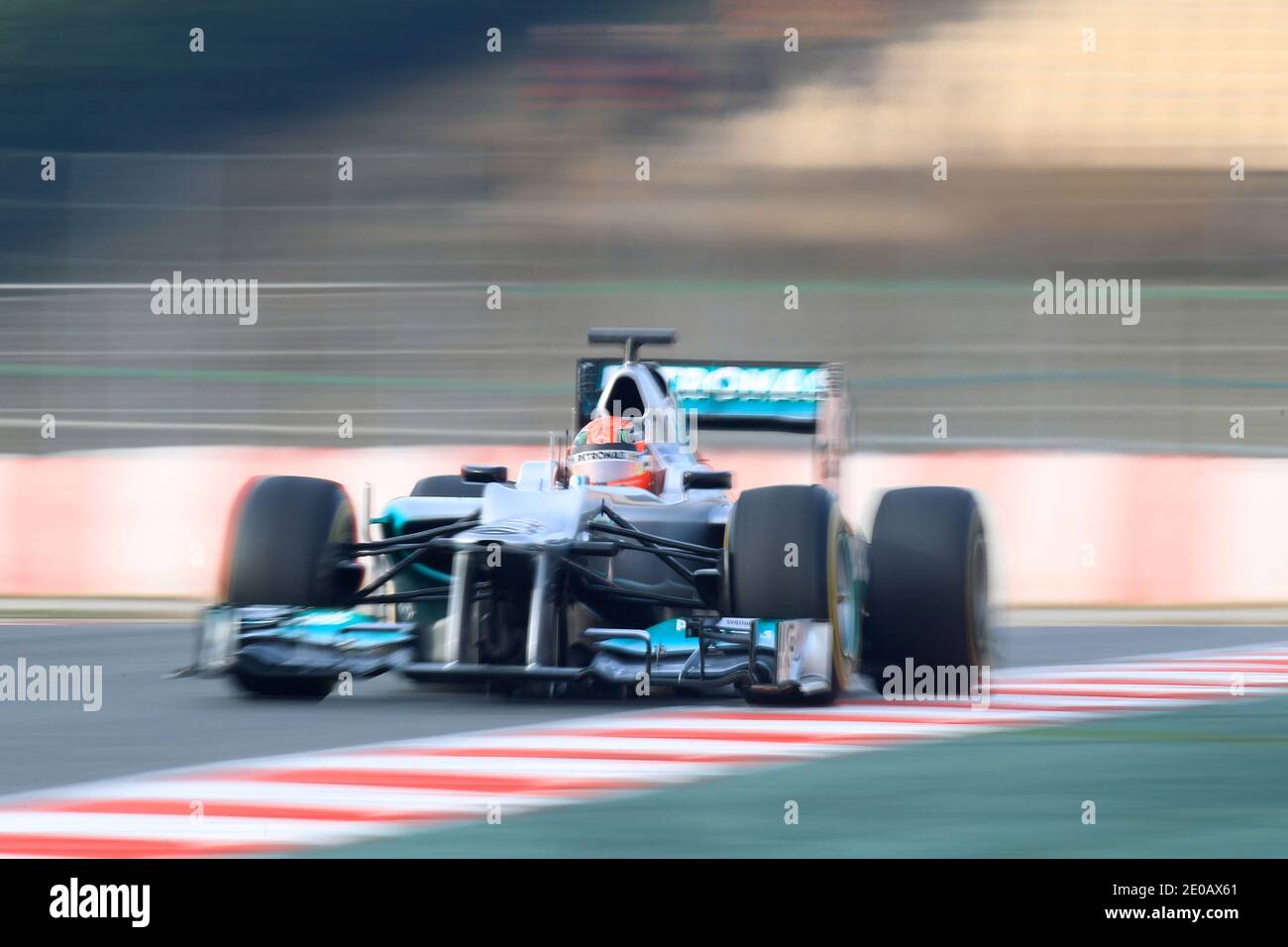 Michael Schumacher aus Deutschland und Mercedes GP fahren am 4. März 2012 während des Formel-1-Wintertests auf dem Catalunya Circuit in Montmelo bei Barcelona, Spanien. Foto von Manuel Blondau/ABACAPRESS.COM Stockfoto