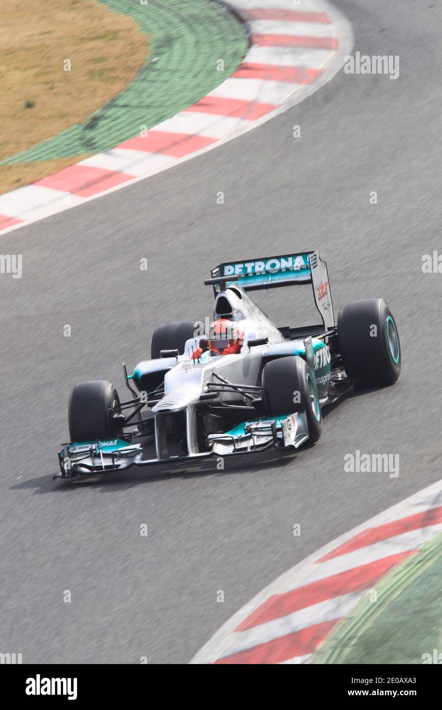 Michael Schumacher aus Deutschland und Mercedes GP fahren am 4. März 2012 während des Formel-1-Wintertests auf dem Catalunya Circuit in Montmelo bei Barcelona, Spanien. Foto von Manuel Blondau/ABACAPRESS.COM Stockfoto