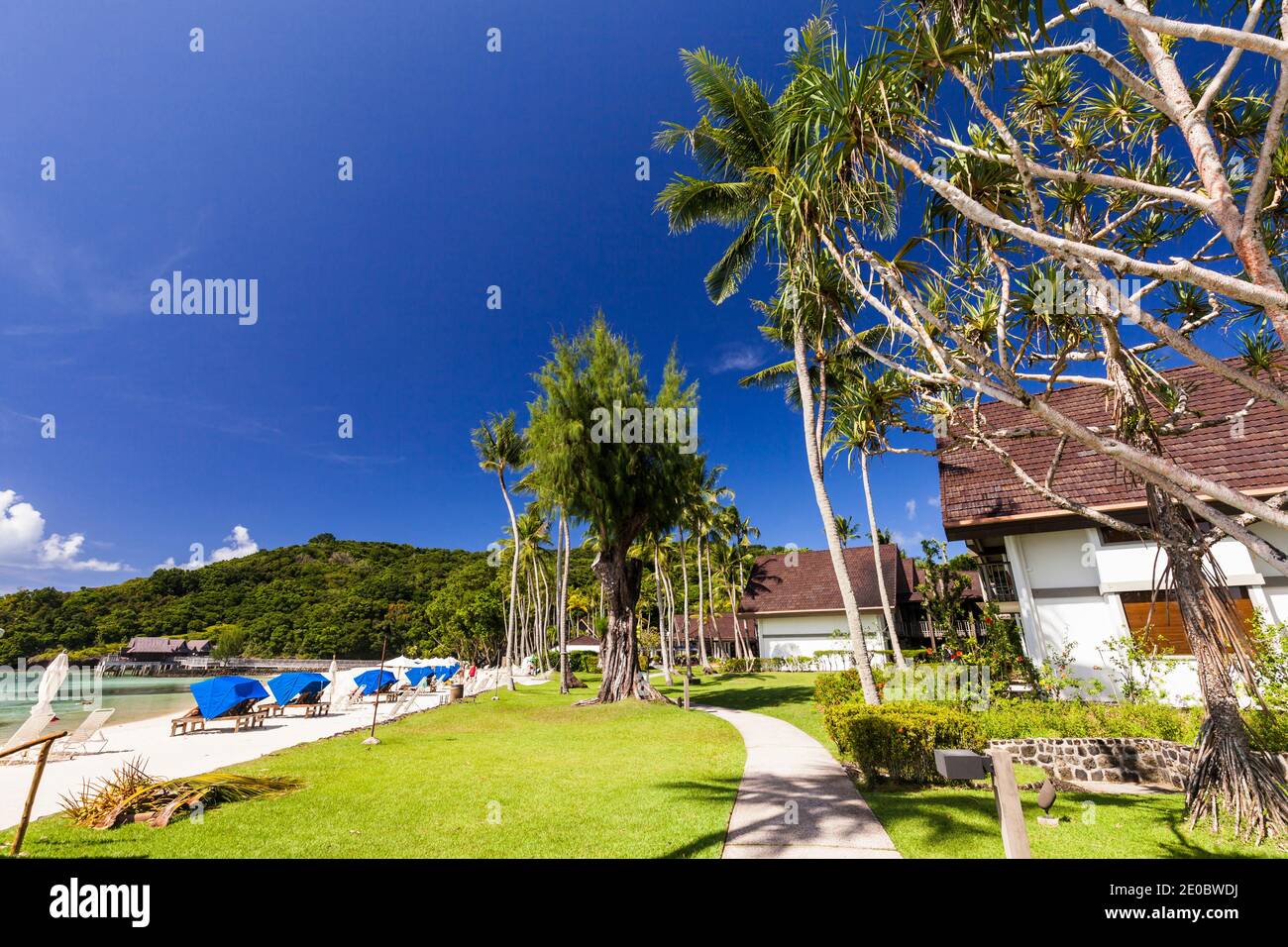 Strandseite, Palau Pacific Resort, Insel Ngerekebesang, auch Arakabean Insel, Koror, Palau, Mikronesien, Ozeanien Stockfoto