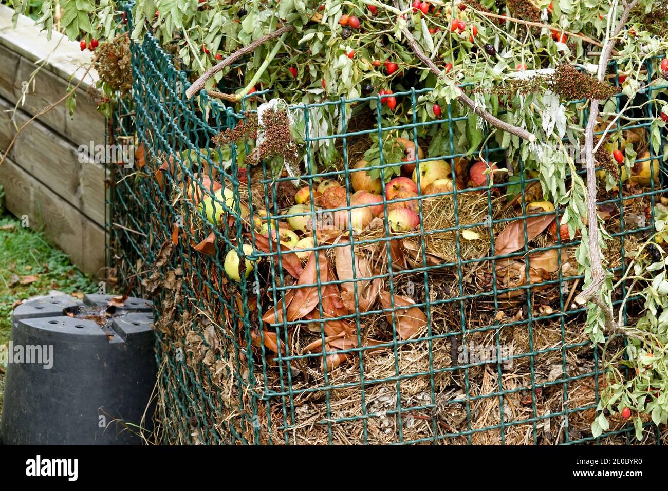 Kompost Haufengartendraht Komposter compostimg organischer Abfall Stockfoto