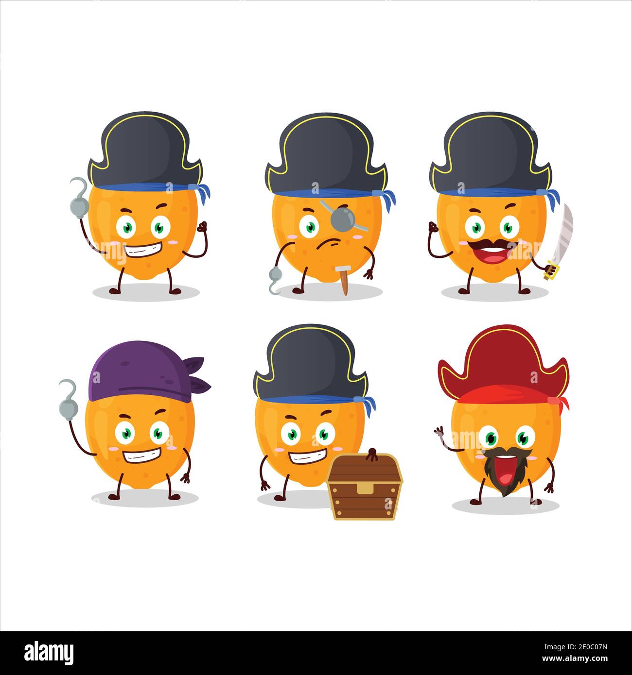 Cartoon-Charakter der orangen Frucht mit verschiedenen Piraten Emoticons Stock Vektor