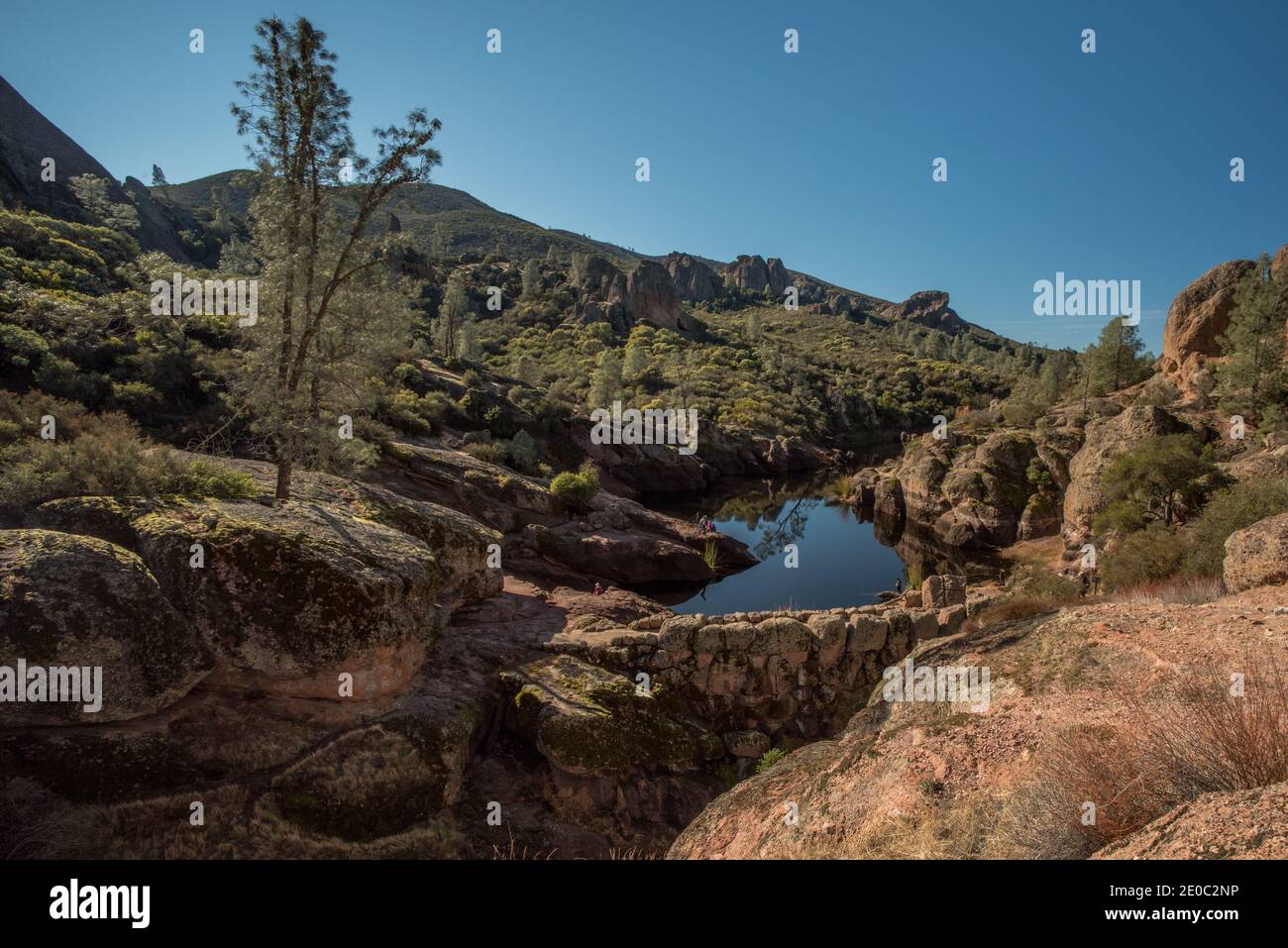 Bear Gulch Reservoir im Pinnacles National Park führen mehrere Wanderwege zu dem abgelegenen Reservoir, das versteckt inmitten der meist trockenen kalifornischen Landschaft liegt. Stockfoto