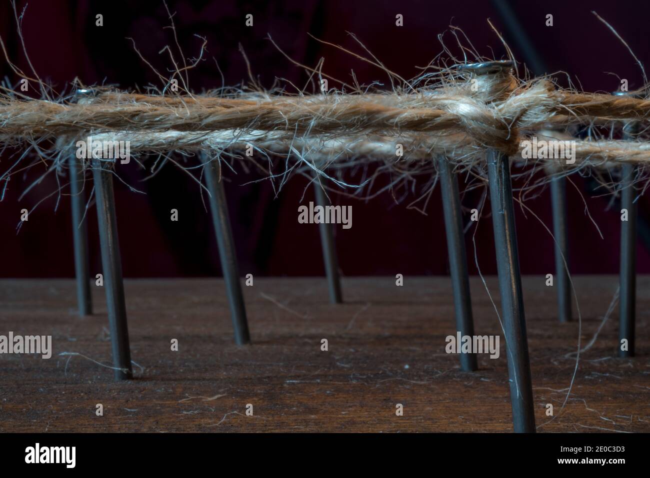 Ein Symbolbild für Vernetzung und Teamarbeit. Nägel werden durch Jute-Garn verbunden. Keep together. Stockfoto