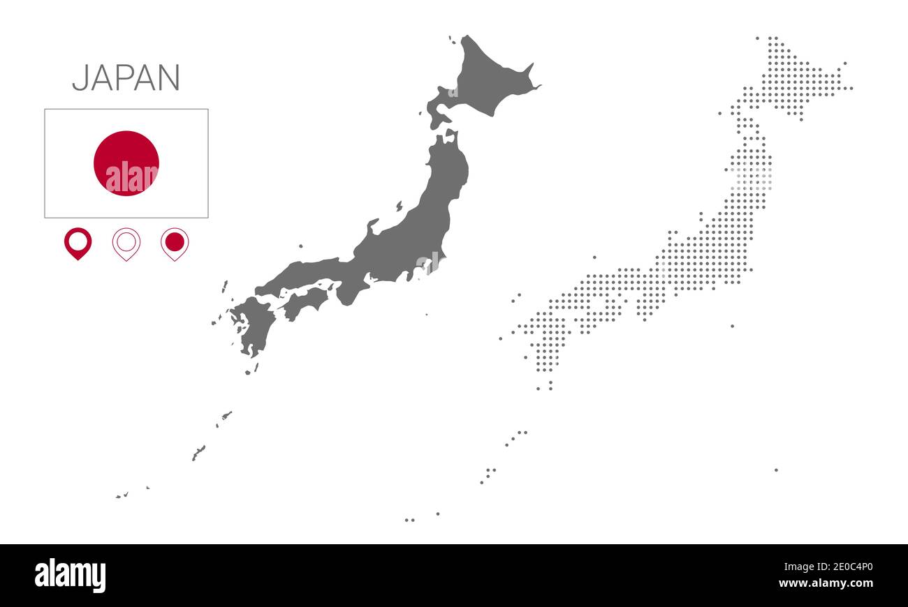 Karte von Japan Silhouette, Japan Karte gepunktet, Flagge von Japan. Isoliert auf weißem Hintergrund. Bewegungsvektordarstellung flach Stock Vektor