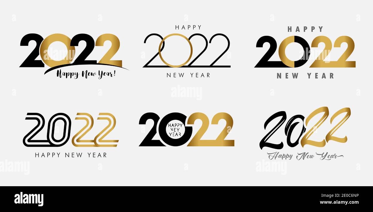 Großer Satz von 2022 Happy New Year Gold und schwarzem Logo Text-Design. Sammlung von Happy New Year Label und Happy Holidays Vorlage Grußkarte Stock Vektor