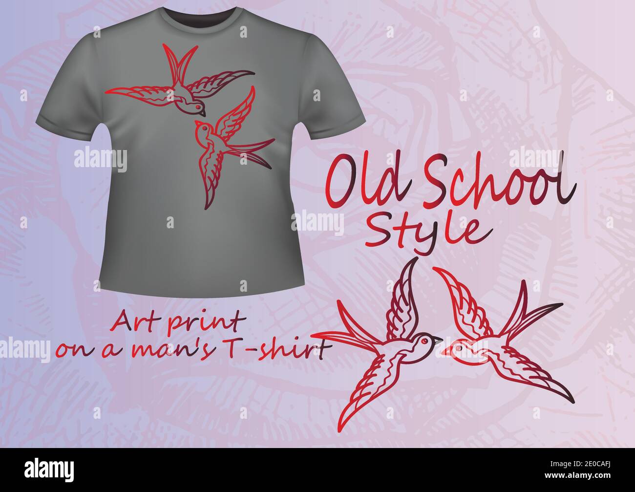 Graues T-Shirt mit einer Illustration - rote Old School Schwalbe Stock Vektor