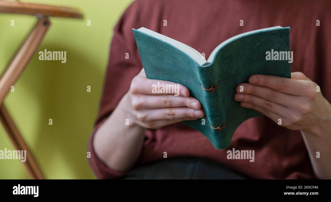 Die Hände der Frau halten ein grünes Buch in den Händen Sie liest es zu Hause Stockfoto