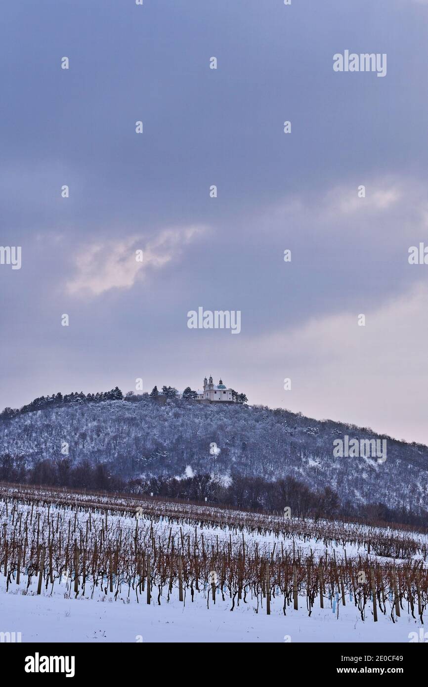 Leopoldsberg schneebedeckt, senkrecht Stockfoto