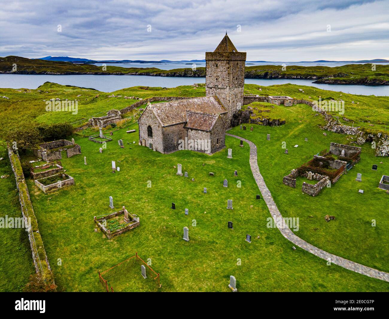 Luftaufnahme der St. Clements Kirche, Rodel, Isle of Harris, Äußere Hebriden, Schottland, Vereinigtes Königreich, Europa Stockfoto