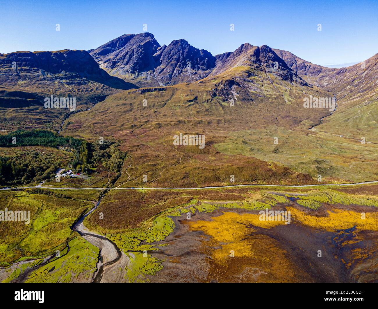 Luftaufnahme des Black Cuillin Ridge, Elgol, Isle of Skye, Inner Hebrides, Schottland, Vereinigtes Königreich, Europa Stockfoto