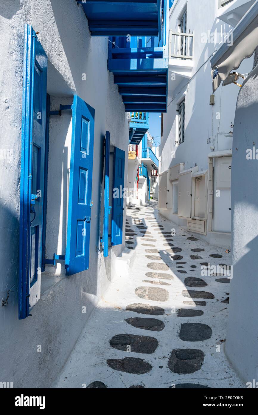 Die weiß gewaschene Altstadt von Horta, Mykonos, Kykladen, griechische Inseln, Griechenland, Europa Stockfoto