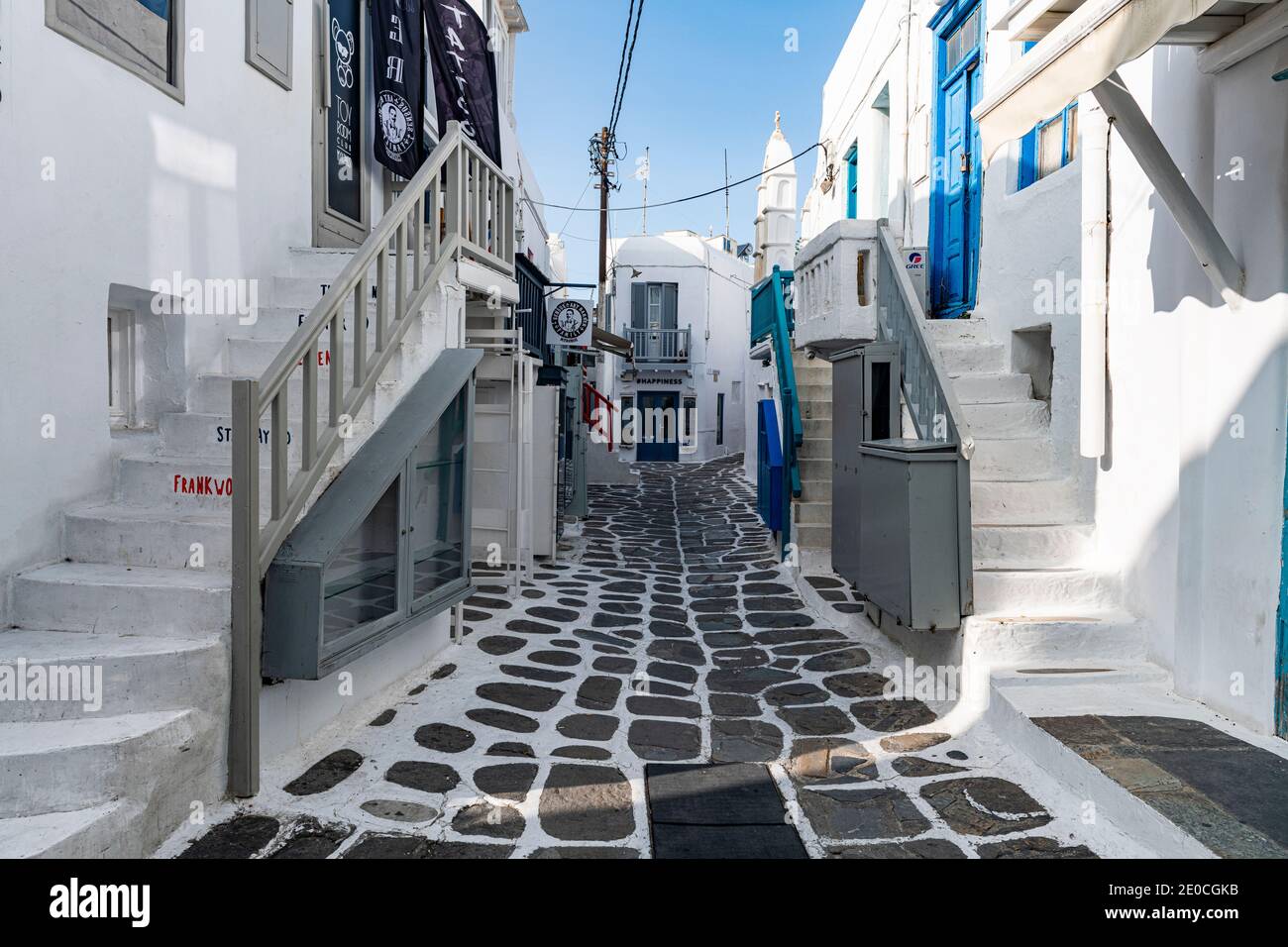 Die weiß gewaschene Altstadt von Horta, Mykonos, Kykladen, griechische Inseln, Griechenland, Europa Stockfoto