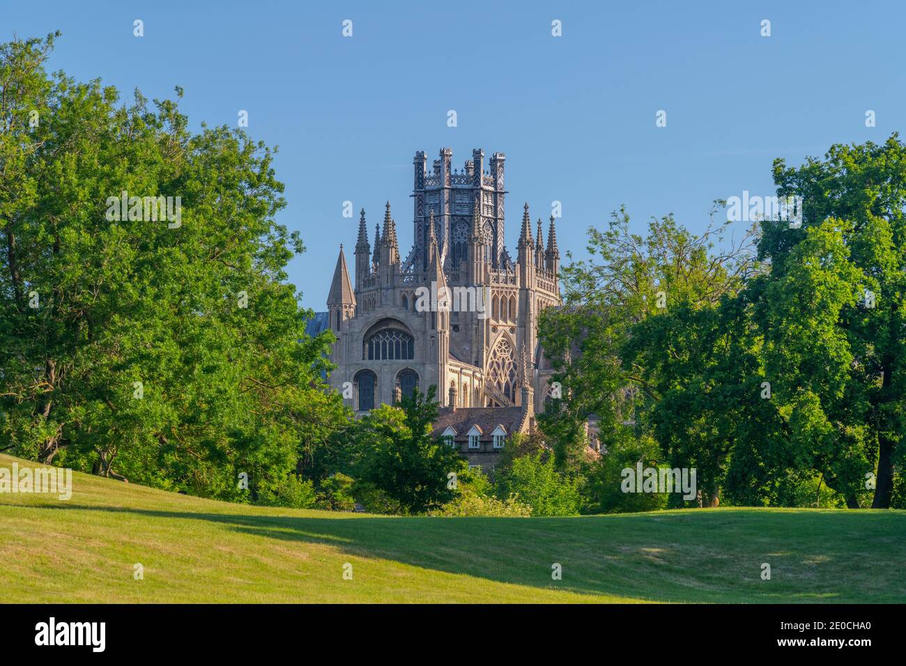 Ely Cathedral, Octagon Lantern Tower vom Cherry Hill Park aus gesehen, Ely, Cambridgeshire, England, Großbritannien, Europa Stockfoto