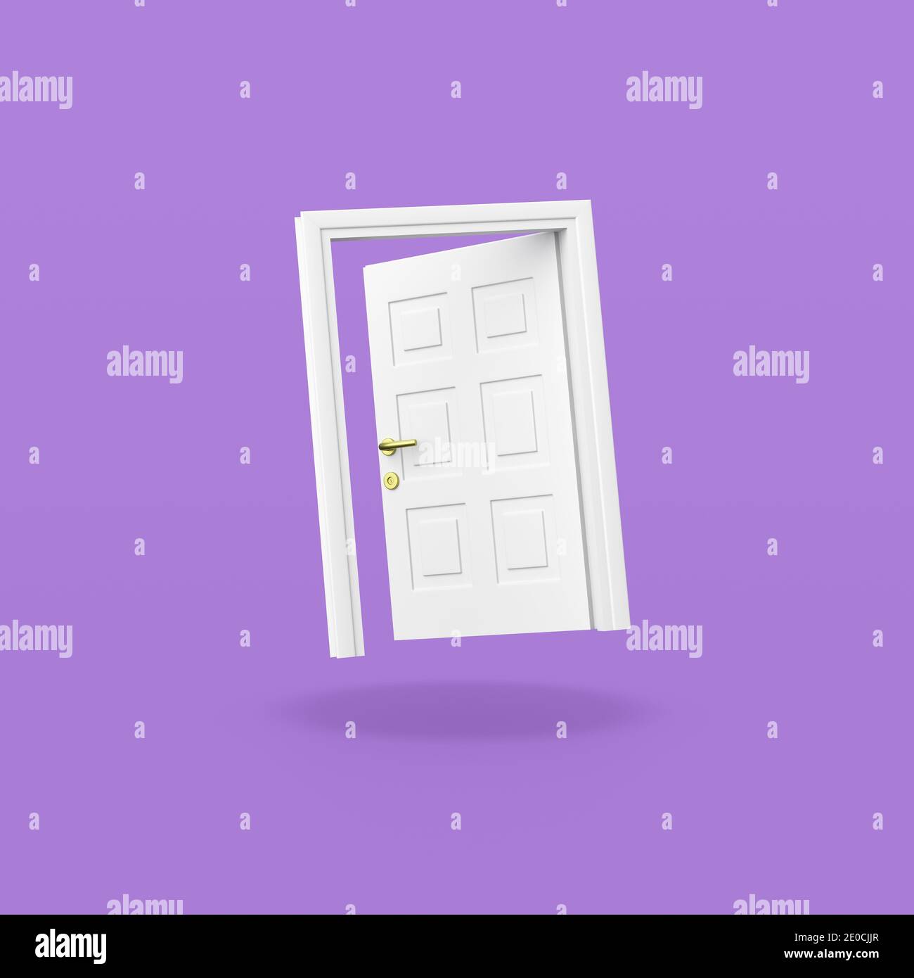 Weiße Tür auf violettem Hintergrund Stockfoto