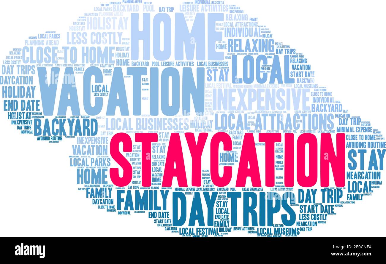 Staycation Wortwolke auf weißem Hintergrund. Stock Vektor