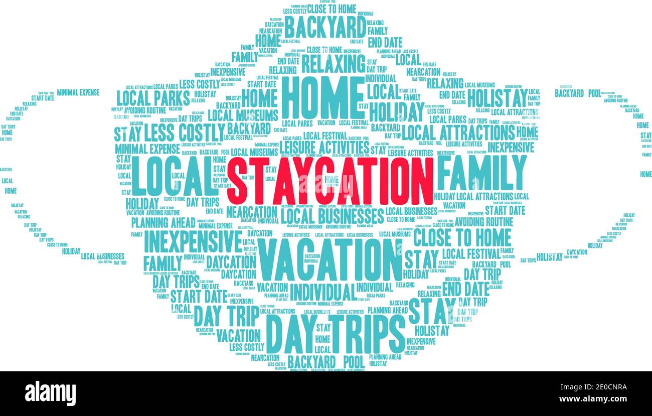 Staycation Wortwolke auf weißem Hintergrund. Stock Vektor
