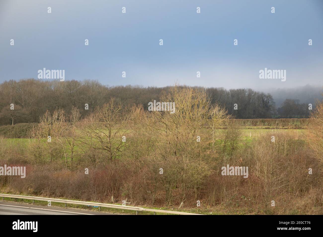 Westerham, Kent, Großbritannien. Dezember 2020. Nebelig mit dunklen Sturmwolken über Feldern in Westerham, Kent. Das Wetter war null Grad, was sich viel kälter anfühlte mit dem Windchill-Faktor. Kredit: Keith Larby/Alamy Live Nachrichten Stockfoto