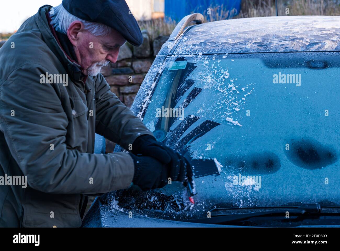 Senior man kratzt Eis von der Windschutzscheibe im Winter mit Frostmustern auf dem Autodach, Schottland, Großbritannien Stockfoto