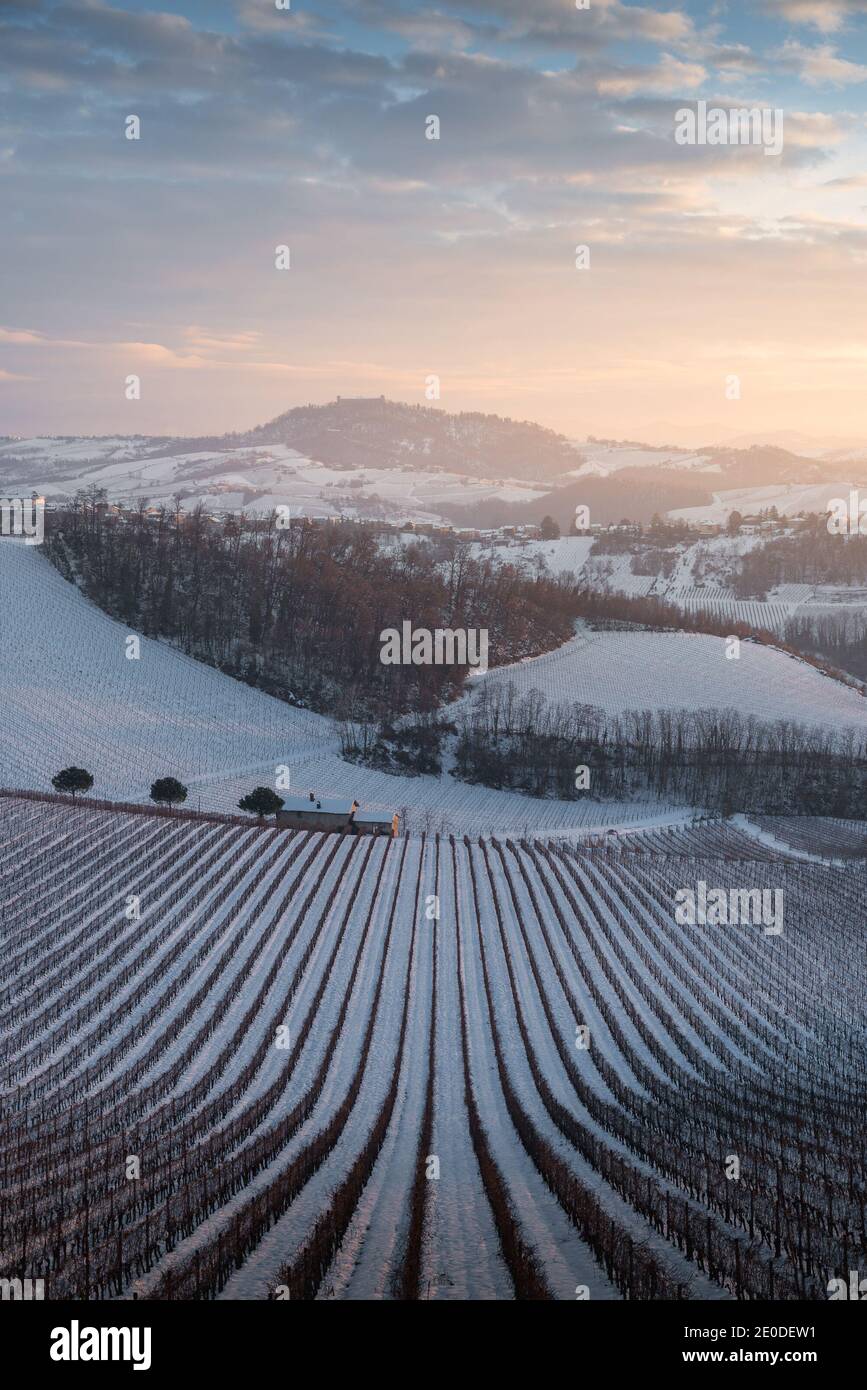 Winterlandschaft von Oltrepo Pavese bei Sonnenuntergang mit Schloss Montalto Auf dem Hintergrund und Weinberge Stockfoto