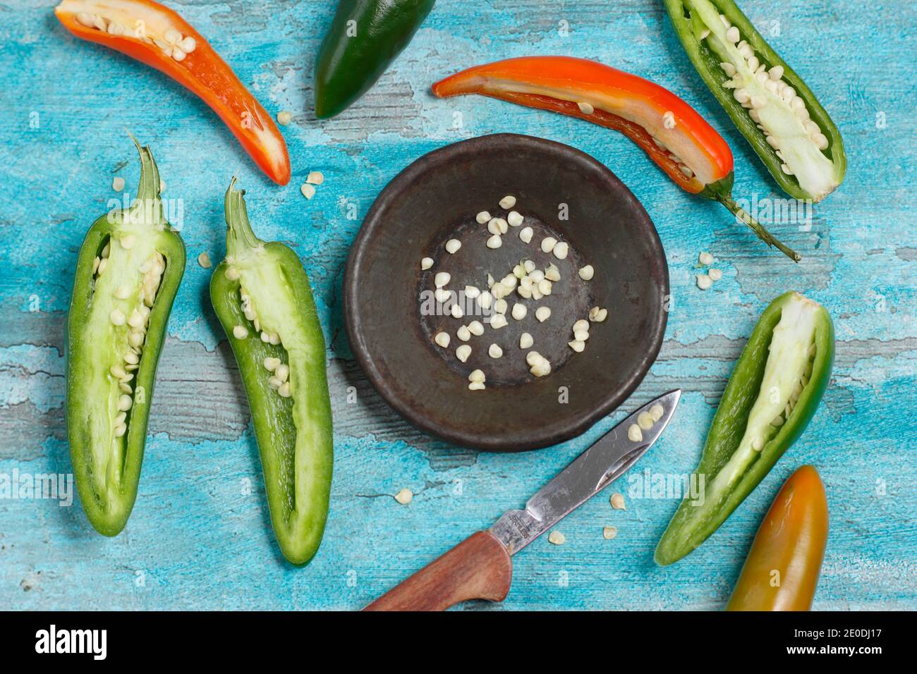 Chilisamen. Speichern von Chilisamen. Samen von Reifen Chilischoten, die zur Trocknung und Lagerung für die spätere Aussaat entfernt wurden. UK Stockfoto
