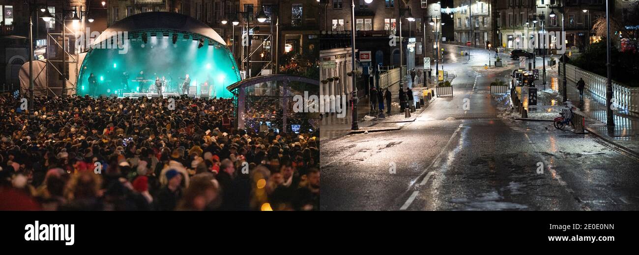 Edinburgh, Schottland, Großbritannien. 31 Dezember 2020. Kontrastierende Bilder aus Hogmanay in den Jahren 2019 und 2020 zeigen die Auswirkungen der Covid-19-Sperre auf die Feierlichkeiten in der Stadt. 2019 fand in den Gärten der Princes Street ein großer Weihnachtsmarkt statt und mehrere Bühnen mit Live-Musik wurden auf den Straßen der Stadt errichtet. PIC; Mark Almond tritt 2019 vor großen Zuschauern auf, aber 2020 ist die gleiche Straßenlage leer. Iain Masterton/Alamy Live News Stockfoto