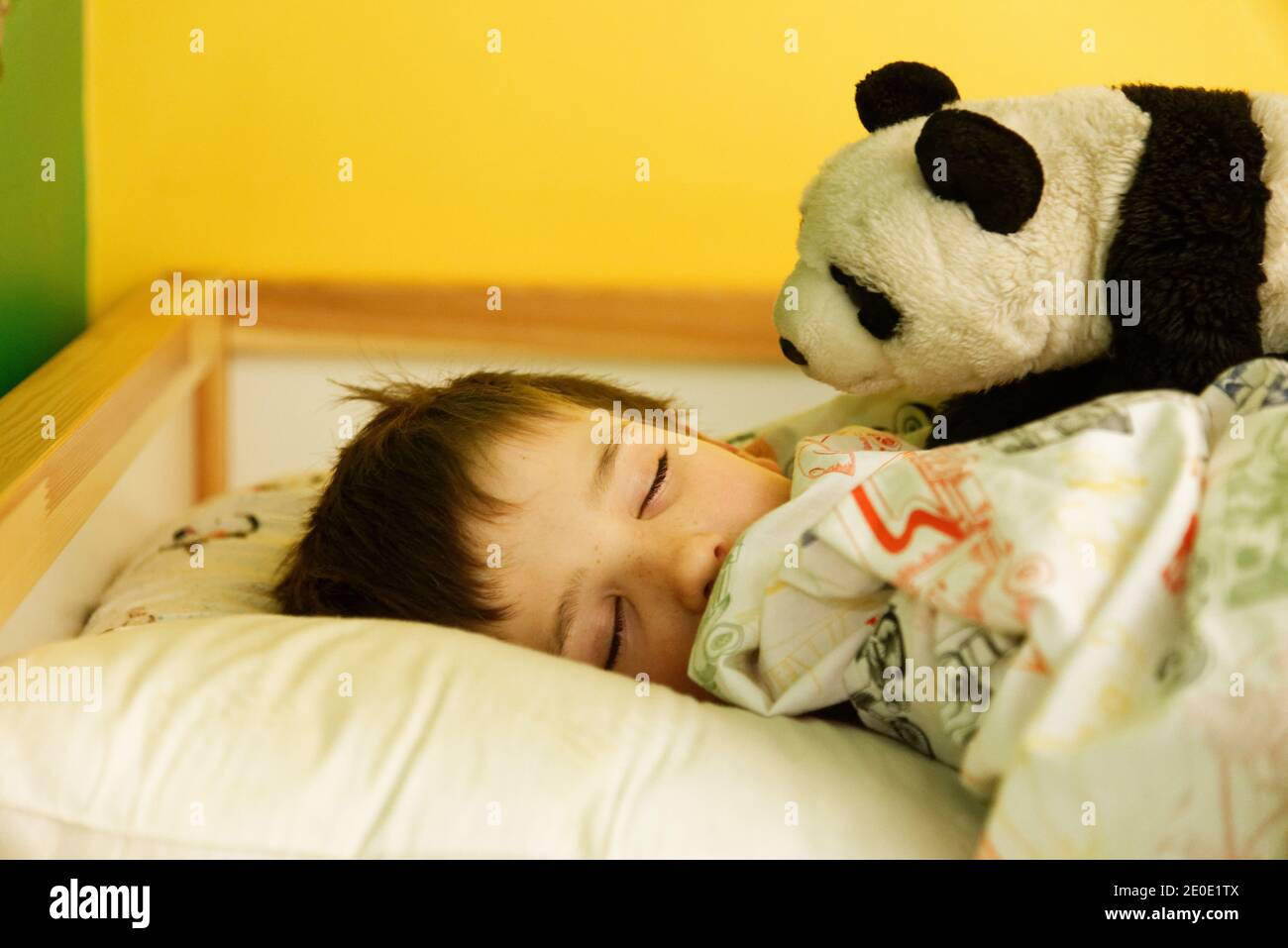 Ein kleiner Junge (8 Jahre) Schlafend mit seinem Kuscheltier Panda Stockfoto