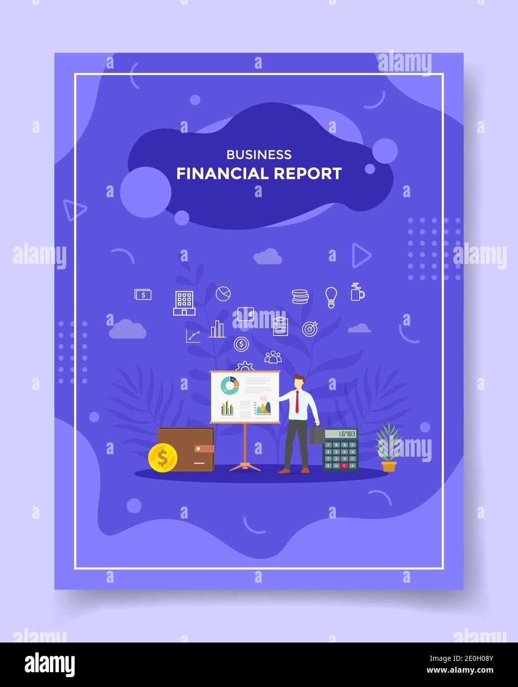 Finanzbericht Männer präsentiert Daten Statistik Finanzen verdienen Gewinn Diagramm Tafel um Rechner Münze Brieftasche für Vorlage von Bannern, Flyer, Bücher c Stockfoto