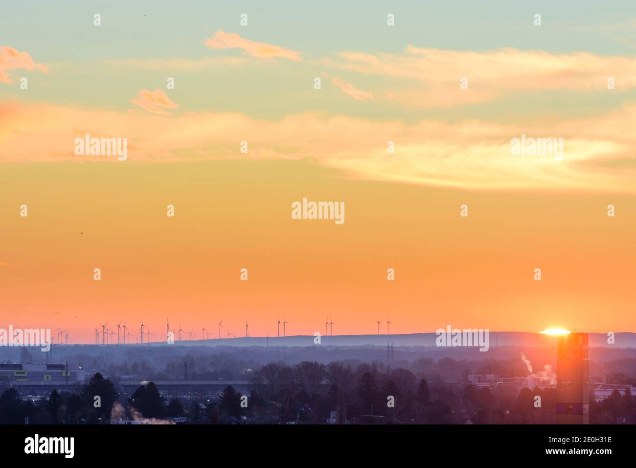 Wien, Wien: Bezirk Kaisermühlen, Windturbinen in Marchfeld, fliegende Vögel, Sonnenaufgang 22. Donaustadt, Wien, Österreich Stockfoto