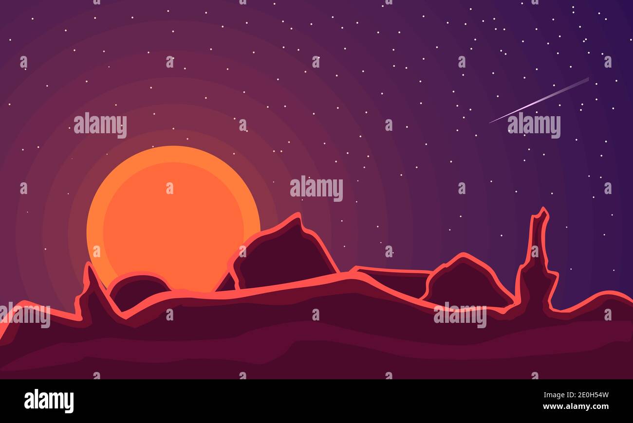Abstrakte zeitgenössische ästhetische Landschaft mit Sonne, Bergen. Mars-Planeten-Töne Stock Vektor