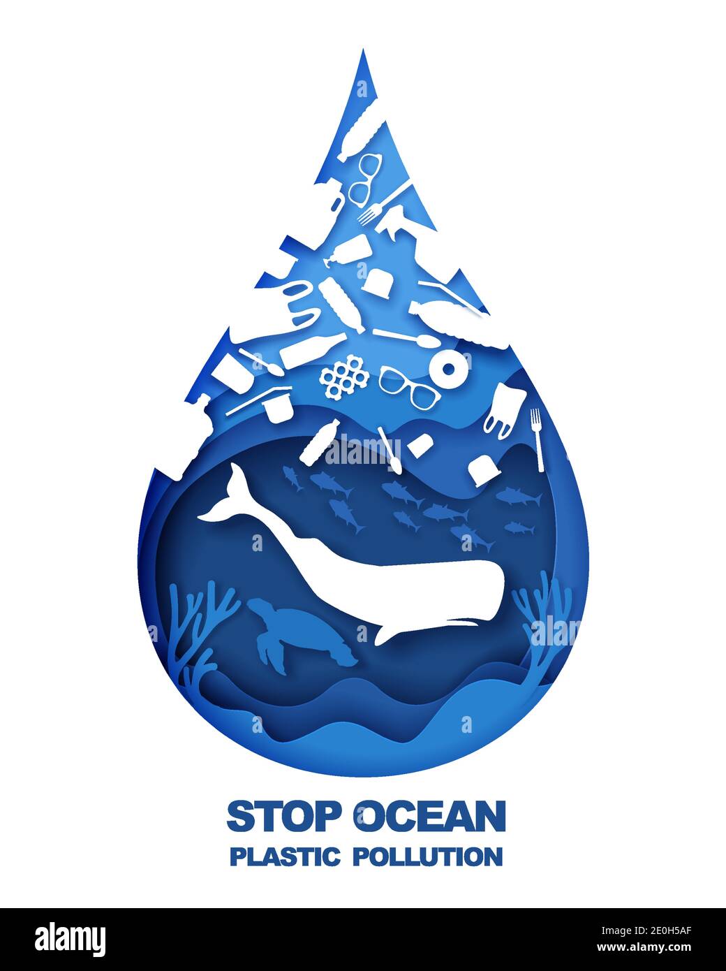 Sparen Sie den Ozean. Verhindern Sie die Verschmutzung durch Plastik. Vektorgrafik im Papierkunststil. Ozean Umweltproblem, Ökologie. Stock Vektor